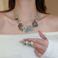 Rhinestone Enamel Starfish Shell Coral Stud Earrings Necklace Jewelry Set, Luxury Coastal Style view 1