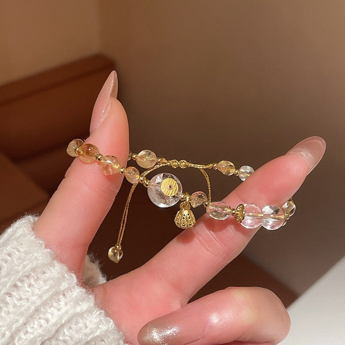 Light Luxury Adjustable Bracelet With Pale Yellow Rutilated Quartz And White Crystal Round Lotus Pod Design