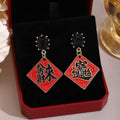 Luxury Red Enamel New Year Blessing Plaque Dangle Studs With Black Crystal Alloy Earrings view 4
