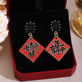 Luxury Red Enamel New Year Blessing Plaque Dangle Studs With Black Crystal Alloy Earrings view 3