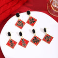 Luxury Red Enamel New Year Blessing Plaque Dangle Studs With Black Crystal Alloy Earrings view 1