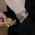 Wide Striped Petal Hollow Open Metal Bangle For Women Light Luxury Statement Cuff Jewelry view 2