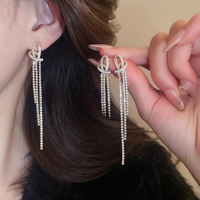 Copper Heart Rope Knot Rhinestone Tassel Drop Earrings For Women Trendy Light Luxury Style