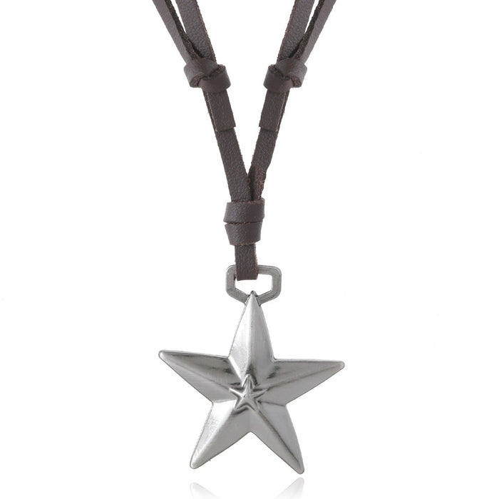 Simple Adjustable Five Point Star Pendant Leather Necklace Hip Hop Unisex Long Sweater Chain