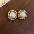 Vintage Two Tone Round Pearl Stud Earrings, Alloy Geometric Chic Elegant Fashion Jewelry view 2