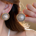 Vintage Two Tone Round Pearl Stud Earrings, Alloy Geometric Chic Elegant Fashion Jewelry view 1