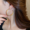 Gold Plated Copper Crescent Zircon Stud Earrings With Silver Pins Chic Geometric Hoop Style view 3