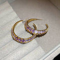 Gold Plated Copper Crescent Zircon Stud Earrings With Silver Pins Chic Geometric Hoop Style view 2