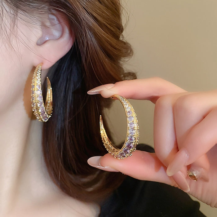 Gold Plated Copper Crescent Zircon Stud Earrings With Silver Pins Chic Geometric Hoop Style