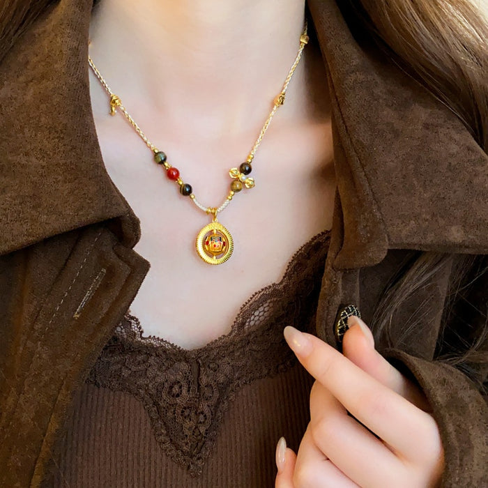 Faux Pearl Braided Rope Pendant Necklace With Geometric Ring, Light Luxury Chinese Style Collarbone Jewelry