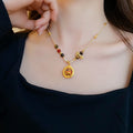 Faux Pearl Braided Rope Pendant Necklace With Geometric Ring, Light Luxury Chinese Style Collarbone Jewelry view 3