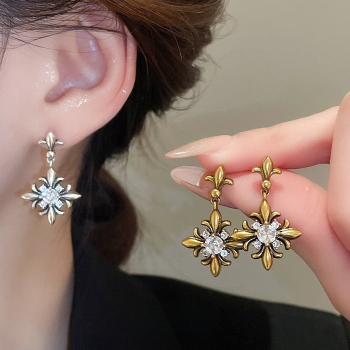 Vintage Copper Zircon Iris Flower Diamond Shape Stud Earrings With Silver Needles