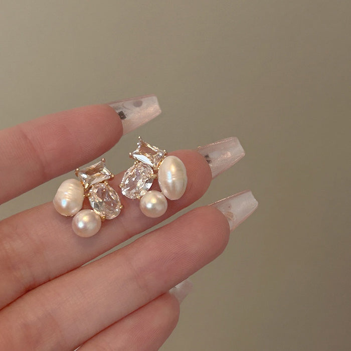 Light Luxury Geometric Freshwater Pearl Zircon Stud Earrings With Silver Pins For Women