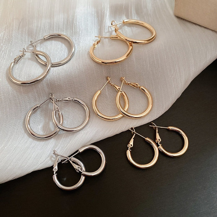 Minimalist Metal Hoop Earrings With Silver Pins Geometric Round Light Luxury Fashion Jewelry