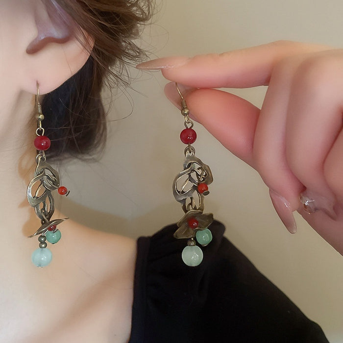 Light Luxury Alloy Flower Tassel Drop Earrings, Vintage Chinese Ethnic Geometric Floral Design