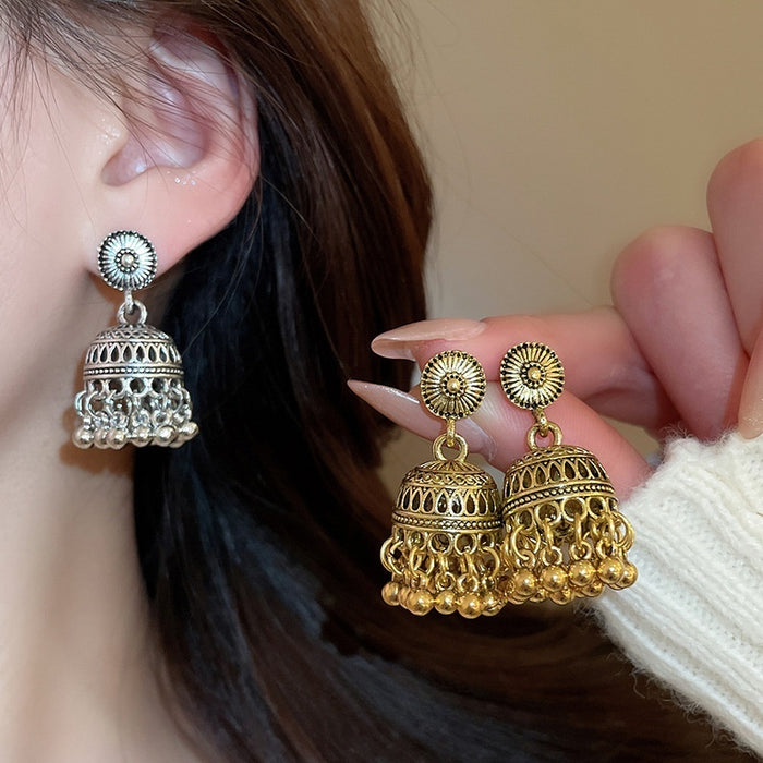 Vintage Zinc Alloy Bell Tassel Drop Earrings With Silver Needle And Carved Polka Dot Design