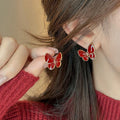 Light Luxury Alloy Red Enamel Butterfly Stud Earrings For Women New Year Elegant Jewelry view 2