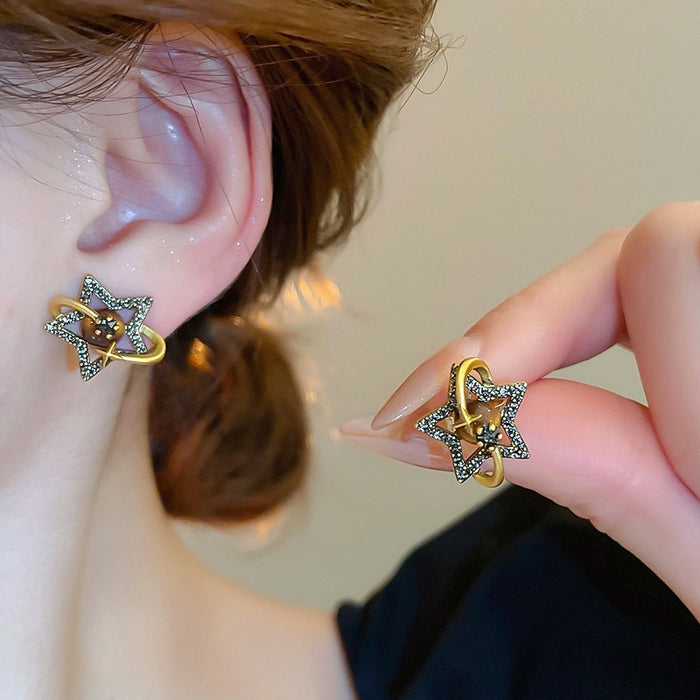 Vintage Gold Tone Copper Saturn Star Geometric Stud Earrings Light Luxury Niche Design
