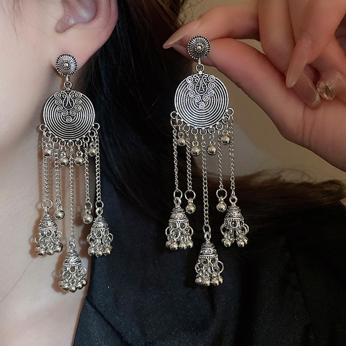 Ethnic Vintage Alloy Round Tassel Drop Earrings With Silver Pins Geometric Statement Jewelry