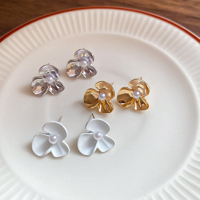 French Luxury Floral Painted Faux Pearl Stud Earrings With Silver Needle Elegant Minimalist Jewelry