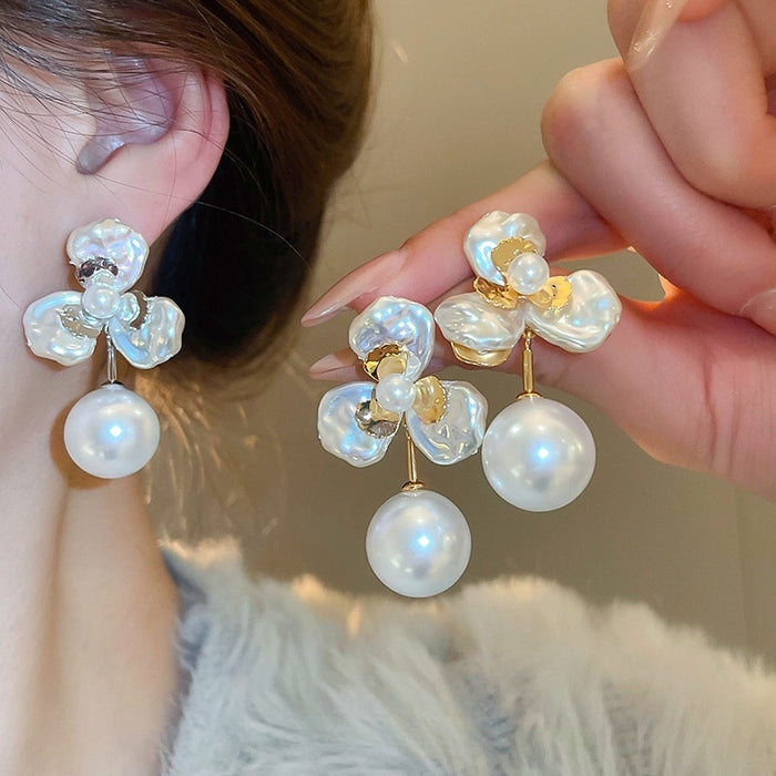 Gold Plated Copper Petal Pearl Stud Earrings With Silver Posts Sweet Vacation Style