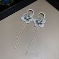 Copper Silver Needle French Vintage Flower Zircon Mesh Pearl Tassel Drop Earrings view 4