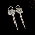 Copper Silver Needle French Vintage Flower Zircon Mesh Pearl Tassel Drop Earrings view 2