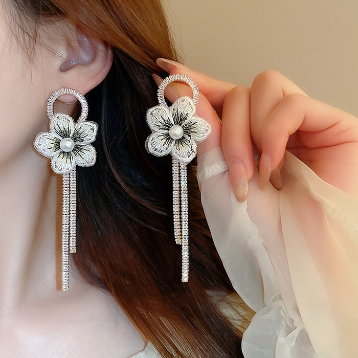 Copper Silver Needle French Vintage Flower Zircon Mesh Pearl Tassel Drop Earrings