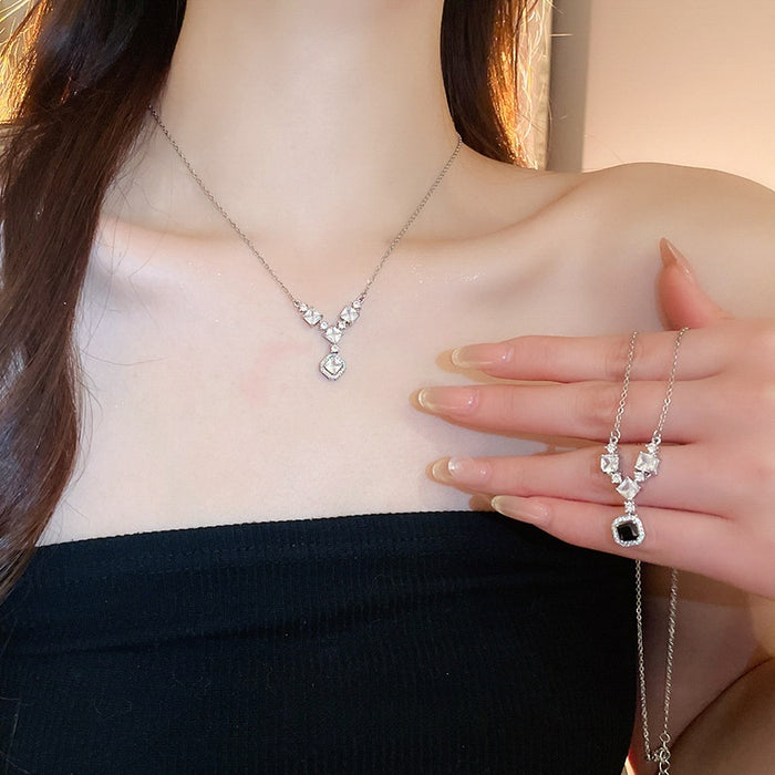 Sparkling Zircon Rhombus Square Copper Clavicle Necklace, Light Luxury Style Pendant