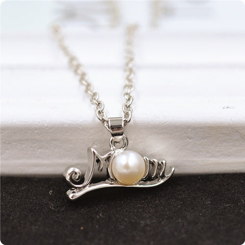 Silver Tone Mom Script Pearl Look Pendant Necklace angled product view