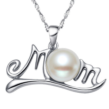 Silver Tone Mom Script Pearl Look Pendant Necklace