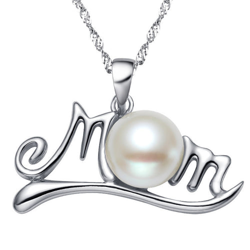 Silver Tone Mom Script Pearl Look Pendant Necklace front product view