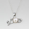 Silver Tone Mom Script Pearl Look Pendant Necklace view 4