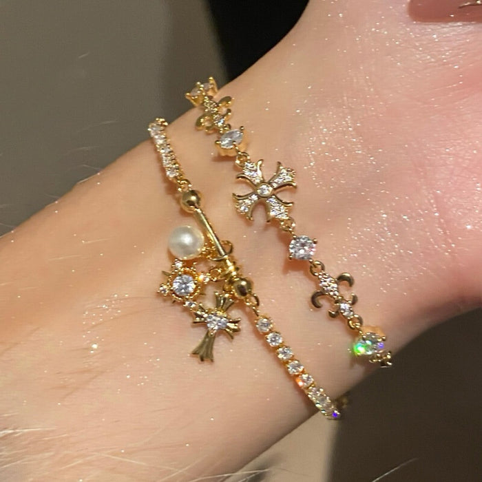 Copper Zircon Iris Flower Cross Adjustable Bangle Light Luxury Elegant Jewelry