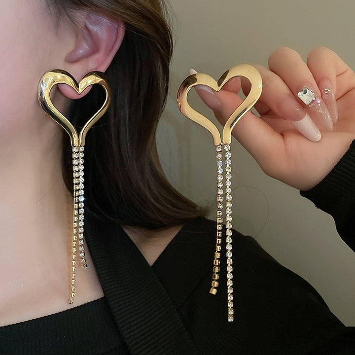Copper Heart Rhinestone Tassel Drop Earrings Chic Light Luxury Stud Style Ear Jewelry