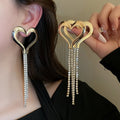 Copper Heart Rhinestone Tassel Drop Earrings Chic Light Luxury Stud Style Ear Jewelry view 3