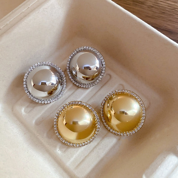 Light Luxury Rhinestone Inlaid Round Smooth Metal Stud Earrings For Women
