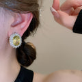 Copper Zircon Oval Stud Earrings French Vintage Geometric Light Luxury Jewelry For Women view 3