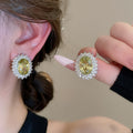 Copper Zircon Oval Stud Earrings French Vintage Geometric Light Luxury Jewelry For Women view 1