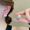 Two Way Faux Pearl Zircon Bar Stud Earrings With Silver Needle, Light Luxury Minimalist Jewelry view 3