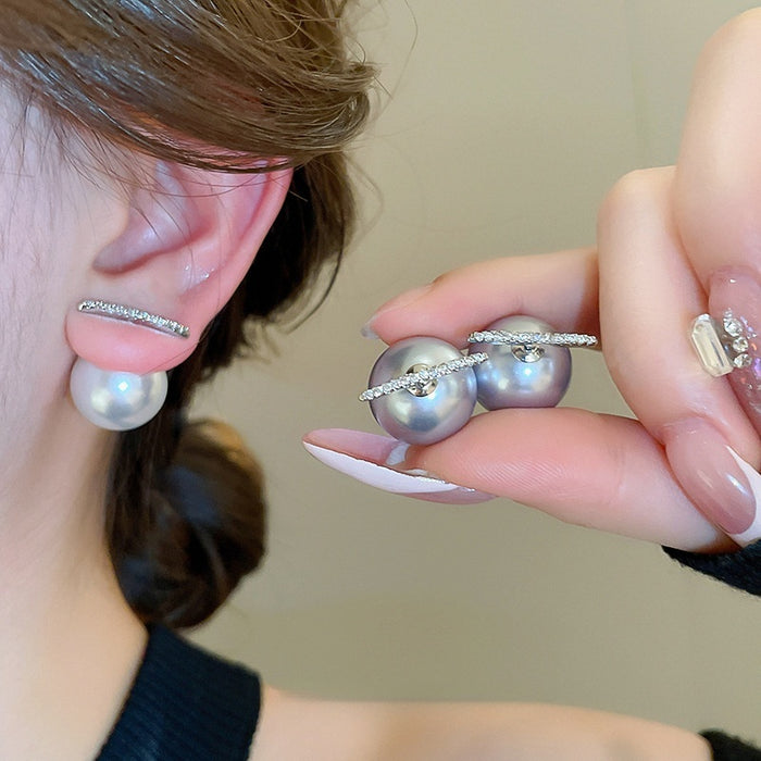 Two Way Faux Pearl Zircon Bar Stud Earrings With Silver Needle, Light Luxury Minimalist Jewelry