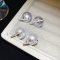 Two Way Faux Pearl Zircon Bar Stud Earrings With Silver Needle, Light Luxury Minimalist Jewelry view 2