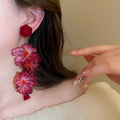 Chic Vintage Fabric Rose Faux Pearl Stud Earrings With Silver Pins Statement Floral Jewelry view 3