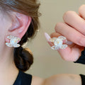 Gold Tone Copper Letter Zircon Pearl Stud Earrings With Silver Pins Modern Minimalist Style view 1