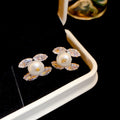 Gold Tone Copper Letter Zircon Pearl Stud Earrings With Silver Pins Modern Minimalist Style view 2