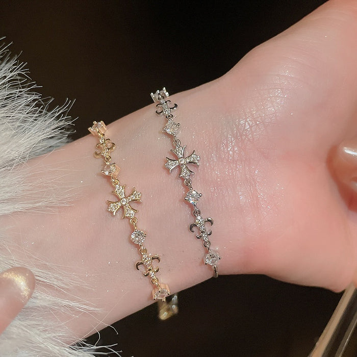 Light Luxury Adjustable Copper Zircon Iris Flower Cross Bangle For Women Elegant Floral Jewelry