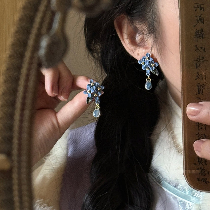 Alloy Floral Leaf Tassel Drop Earrings With Silver Pins Vintage Chinese Style Jewelry