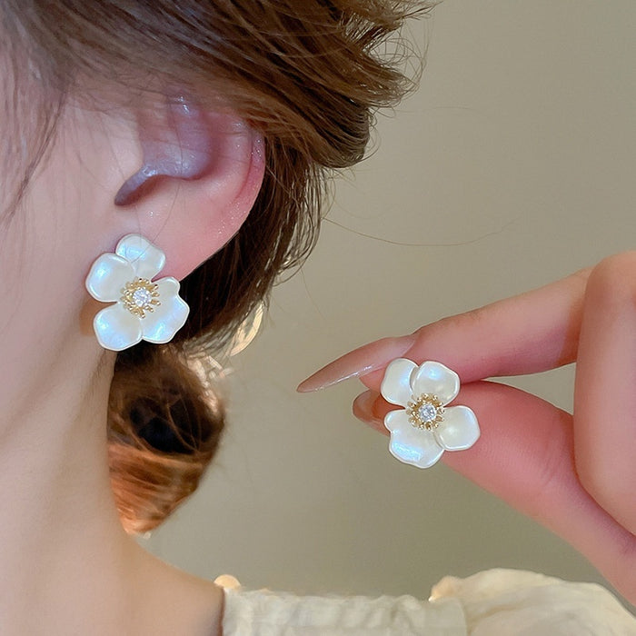 Gold Plated Copper Zircon Flower Stud Earrings With Silver Posts For Women Light Luxury Fashion Jewelry