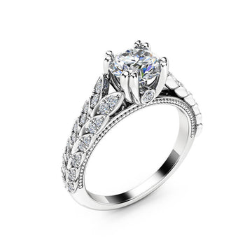 Silver Double Leaf Pave Round Cubic Zirconia Shoulder Ring