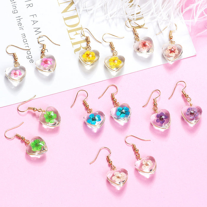 Pressed Flower Clear Heart Long Hook Earrings in Three Colors